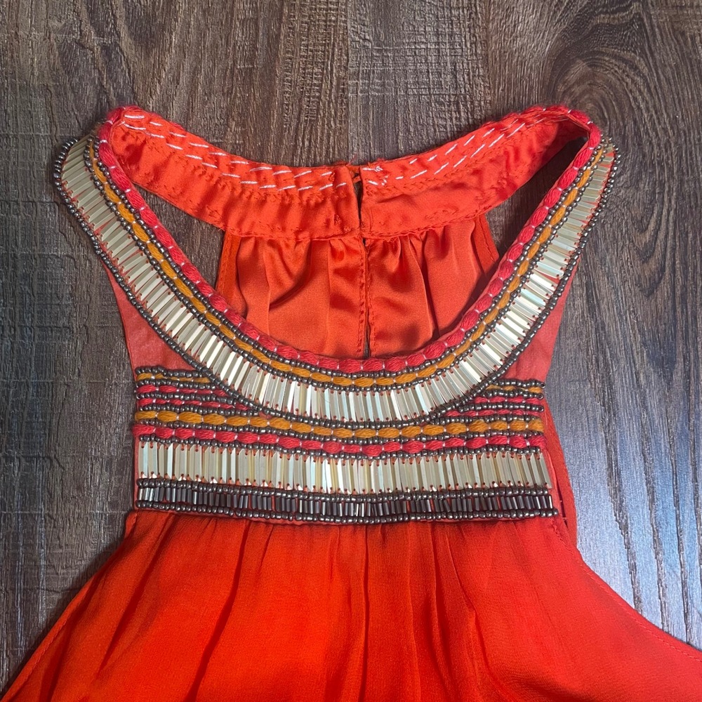 Charlie Jade Orange 100% Silk Beaded Halter Maxi Dress Side Slit C2324-ORG NEW - Picture 5 of 9